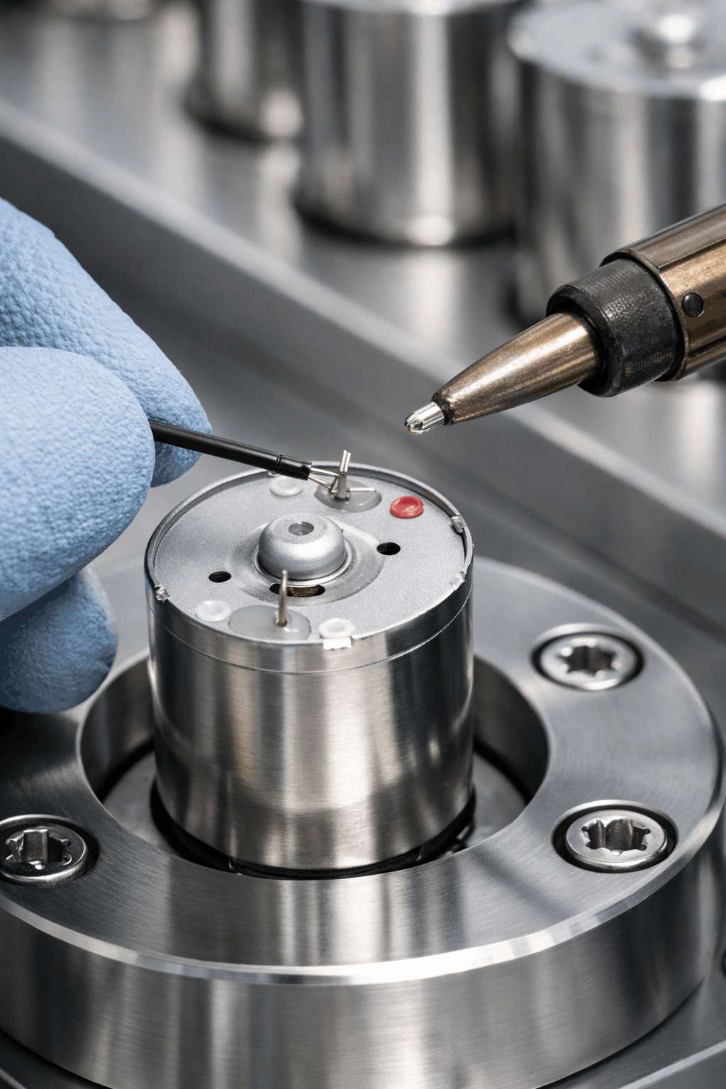Hand soldering wires onto a small motor or actuator
