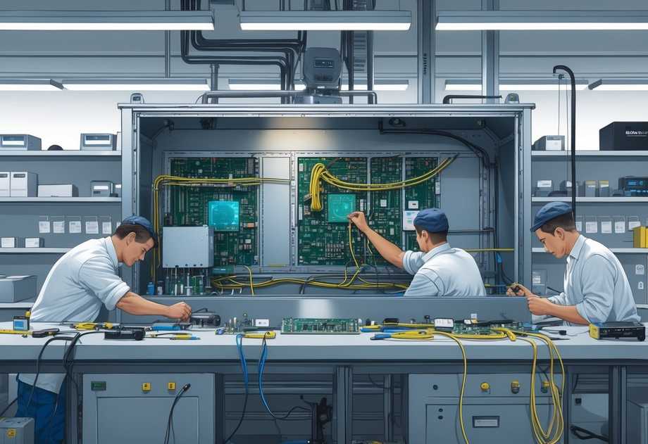 Technicians assembling electronic components inside a metal enclosure in a clean industrial workspace with tools and equipment around them.