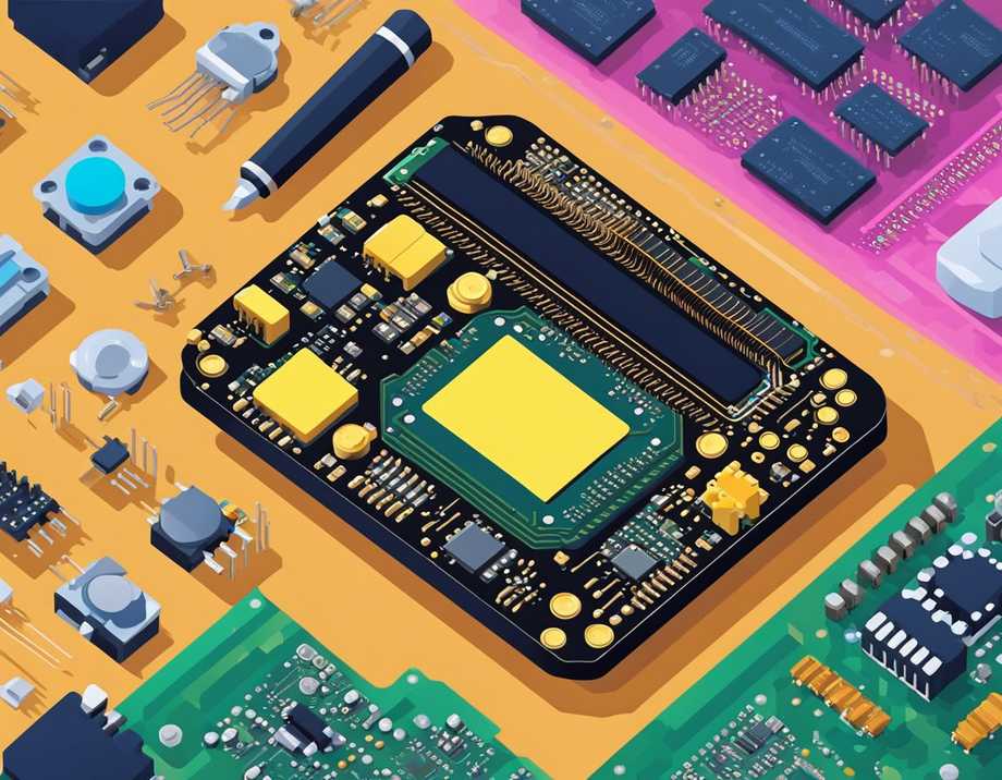 A circuit board with MicroPython code displayed on a computer screen, surrounded by various electronic components and a soldering iron