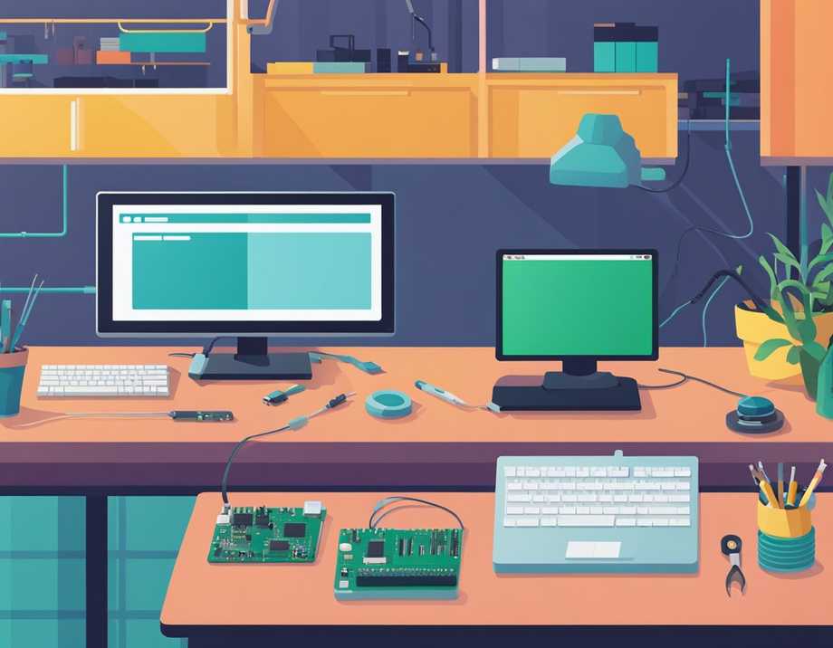 A MicroPython board and hardware are arranged on a workbench, with a computer screen displaying code and a soldering iron nearby