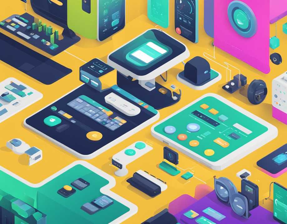 Various technological components and hardware are arranged on a clean, modern surface. Buttons, screens, and ports are visible, creating a complex human-machine interface