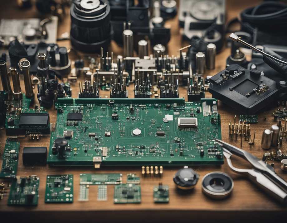 Work desk with electronic components, schematics and design tools