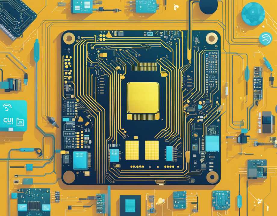 A circuit board with MicroPython logo, surrounded by electronic components and code snippets