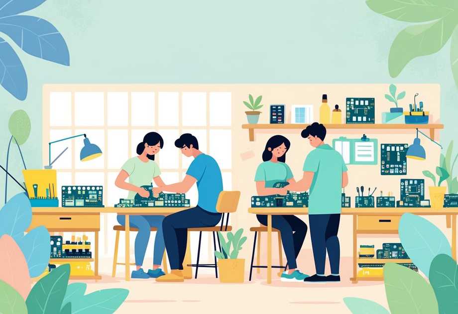 A small workshop with technicians assembling electronic components at workbenches surrounded by tools and circuit boards.