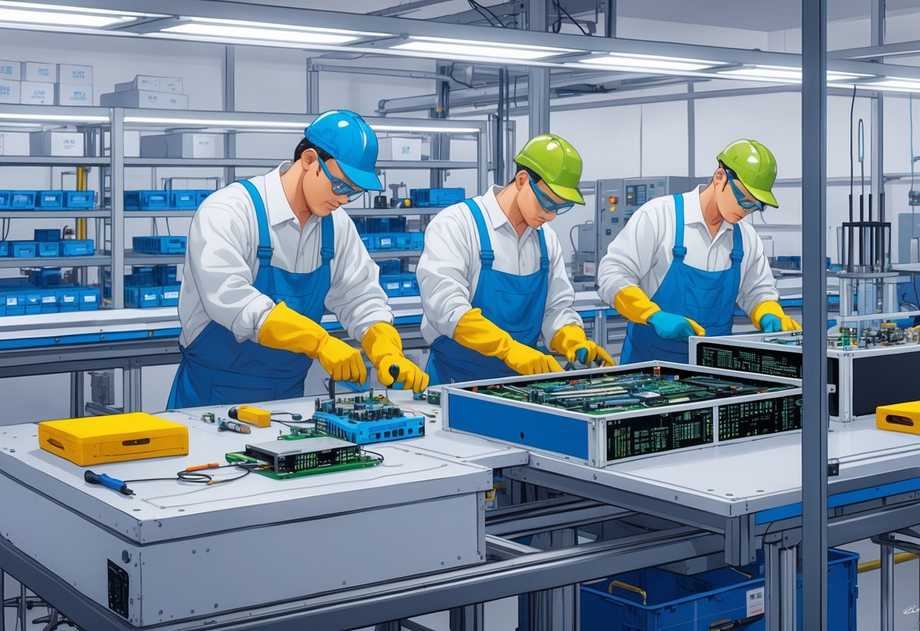 A manufacturing workspace showing workers assembling electronic components into enclosures with tools and equipment arranged around them.