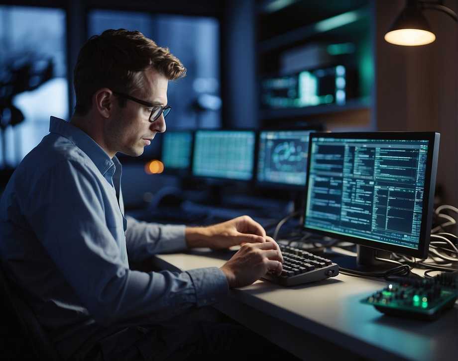 An engineer writing C code for firmware on a computer, surrounded by datasheets and a microcontroller board