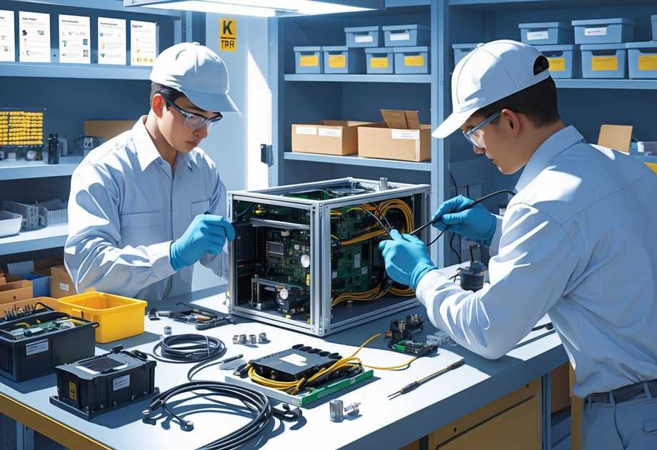 Technicians assembling an electronic device on a workbench with tools and components in an organised workshop.